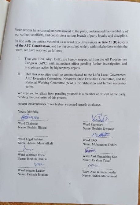 Nasarawa APC Chairman Suspended Over Alleged Anti-Party Activities 2 Nasarawa APC Letter 2